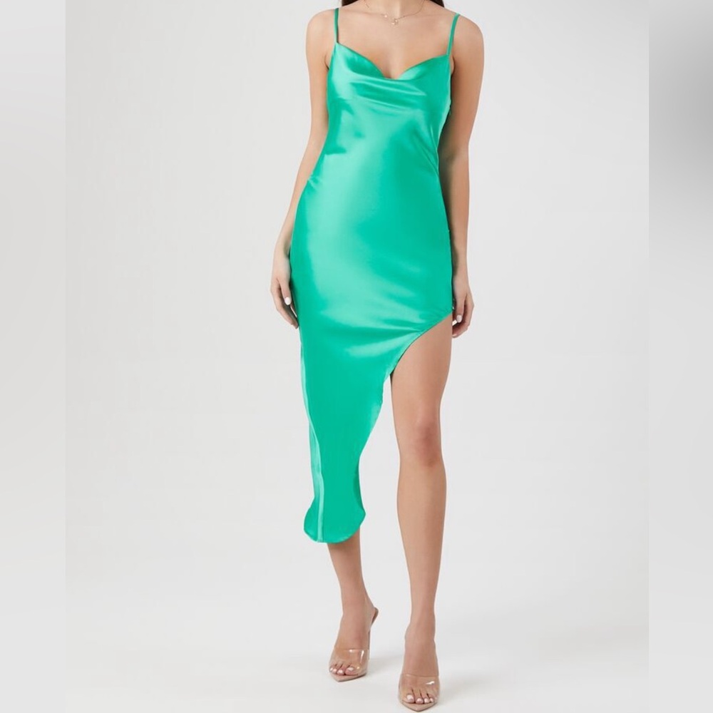 Forever 21 Emerald Green Asymmetrical Satin Dress